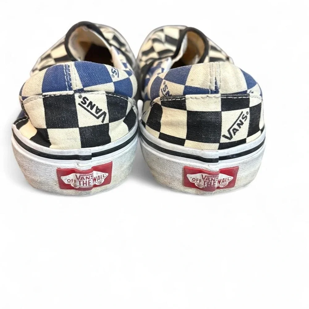 Vans Classic Slip On Checkerboard Men 8.5 Women 10 Black Blue Logo Skate Shoes